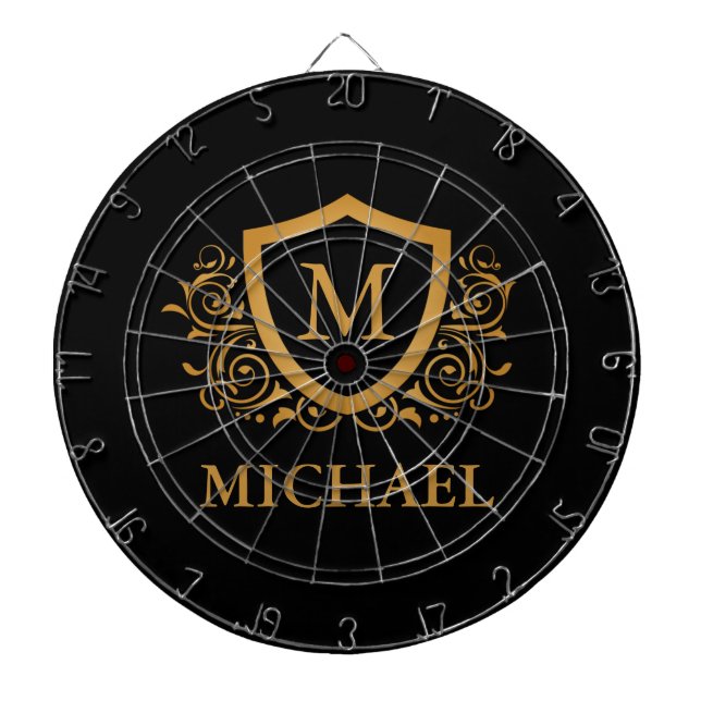 Black and Gold Personalized Stylish Monogram Name Dart Board (Front)