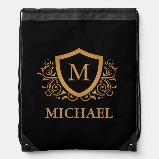 Black and Gold Personalized Stylish Monogram Name Drawstring Bag (Front)