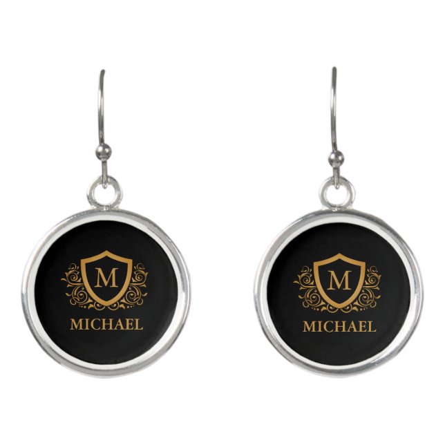 Black and Gold Personalized Stylish Monogram Name Earrings (Front)