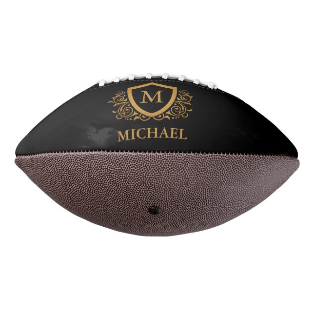 Black and Gold Personalized Stylish Monogram Name Football (Rotated 270)