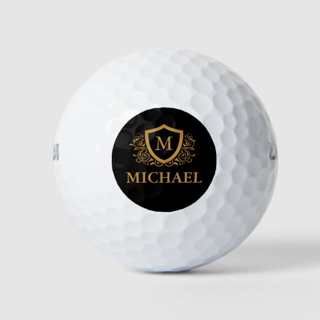 Black and Gold Personalized Stylish Monogram Name Golf Balls (Front)
