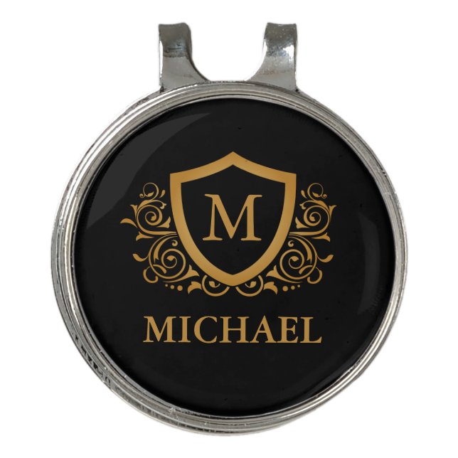 Black and Gold Personalized Stylish Monogram Name Golf Hat Clip (Front)