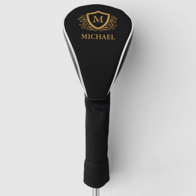 Black and Gold Personalized Stylish Monogram Name Golf Head Cover (Front)