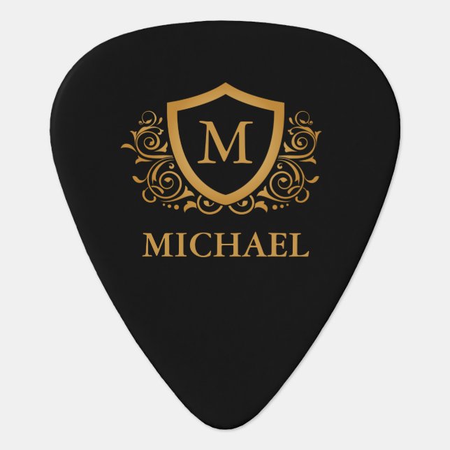 Black and Gold Personalized Stylish Monogram Name Guitar Pick (Front)
