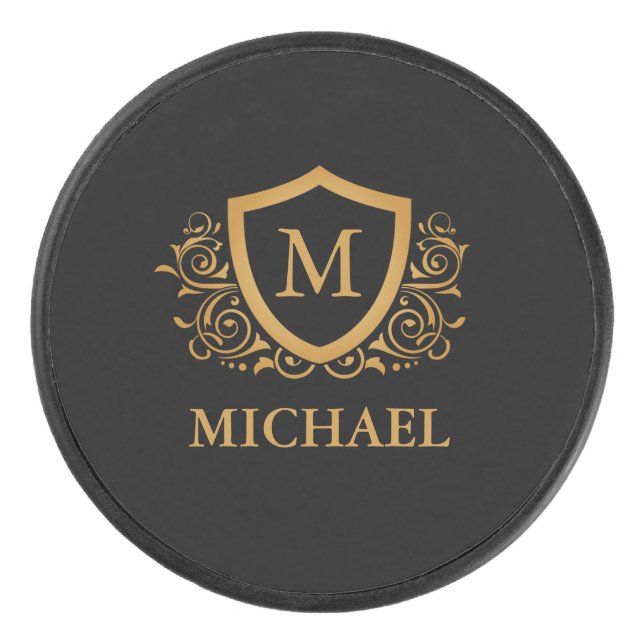 Black and Gold Personalized Stylish Monogram Name Hockey Puck (Front)