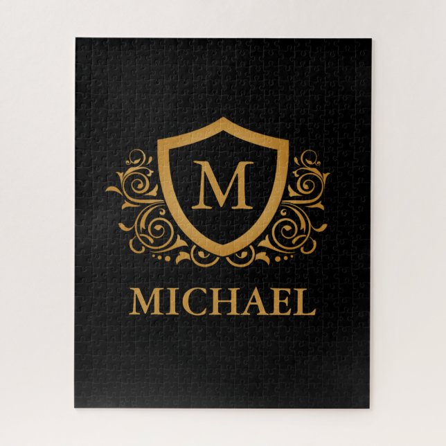 Black and Gold Personalized Stylish Monogram Name Jigsaw Puzzle (Vertical)