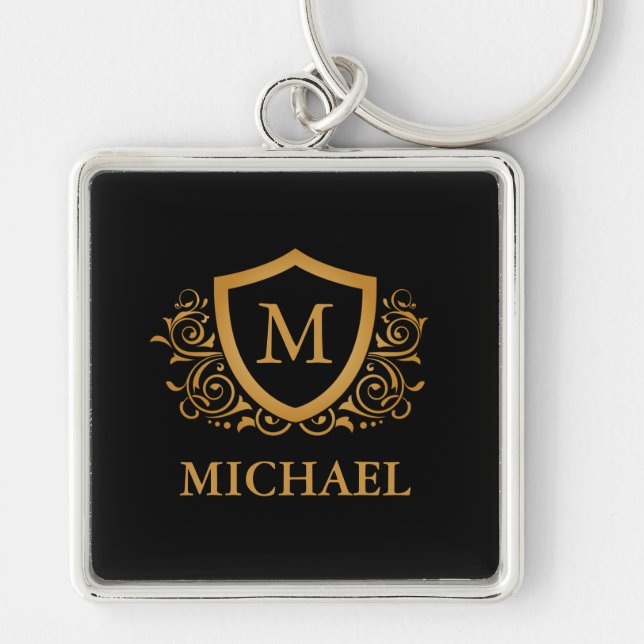 Black and Gold Personalized Stylish Monogram Name Keychain (Front)