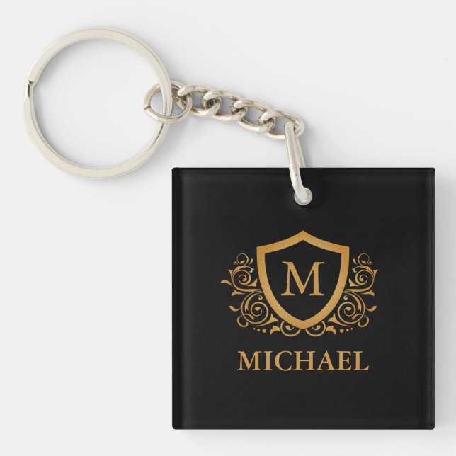 Black and Gold Personalized Stylish Monogram Name Keychain (Front)