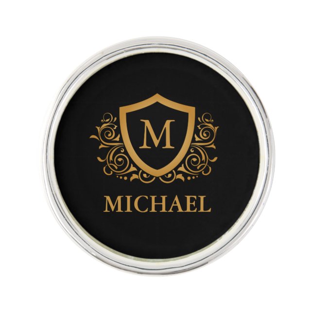Black and Gold Personalized Stylish Monogram Name Lapel Pin (Front)