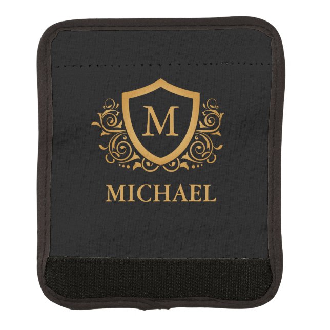 Black and Gold Personalized Stylish Monogram Name Luggage Handle Wrap (Front)
