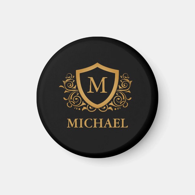 Black and Gold Personalized Stylish Monogram Name Magnet (Front)