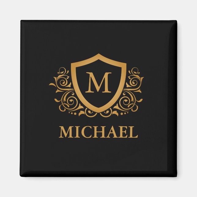 Black and Gold Personalized Stylish Monogram Name Magnet (Front)