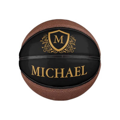 Black and Gold Personalized Stylish Monogram Name Mini Basketball