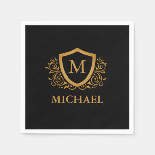 Black and Gold Personalized Stylish Monogram Name Napkins