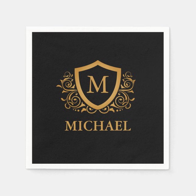 Black and Gold Personalized Stylish Monogram Name Napkins (Front)