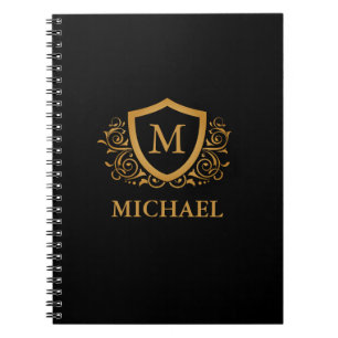 Black and Gold Personalized Stylish Monogram Name Notebook