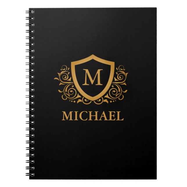 Black and Gold Personalized Stylish Monogram Name Notebook (Front)