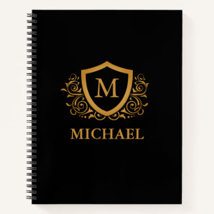 Black and Gold Personalized Stylish Monogram Name Notebook