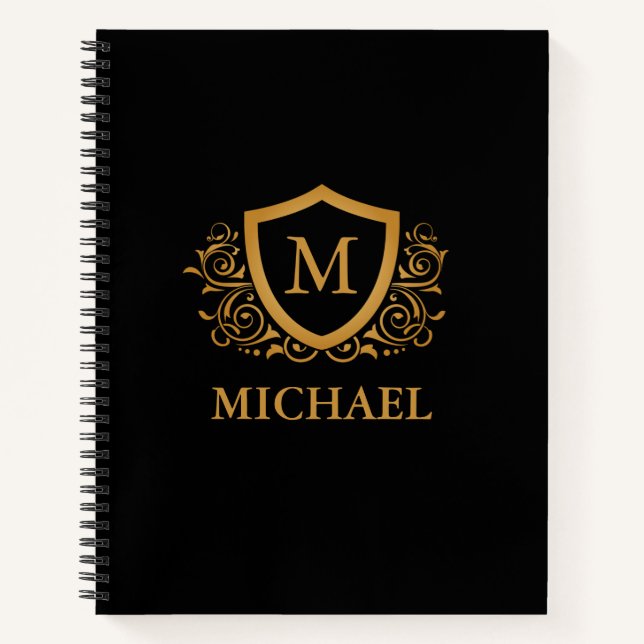Black and Gold Personalized Stylish Monogram Name Notebook (Front)