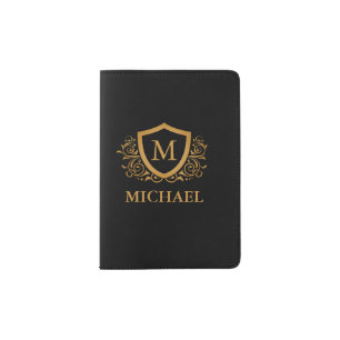 Black and Gold Personalized Stylish Monogram Name Passport Holder