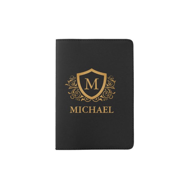 Black and Gold Personalized Stylish Monogram Name Passport Holder (Front)