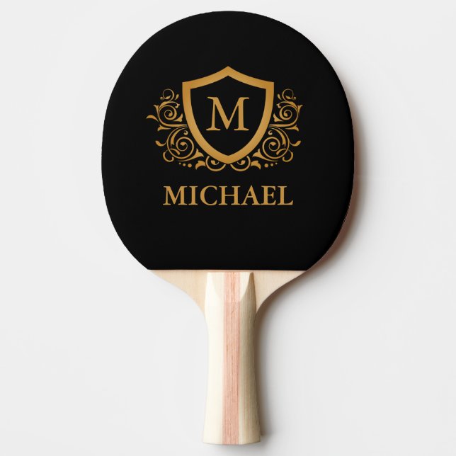 Black and Gold Personalized Stylish Monogram Name Ping Pong Paddle (Front)
