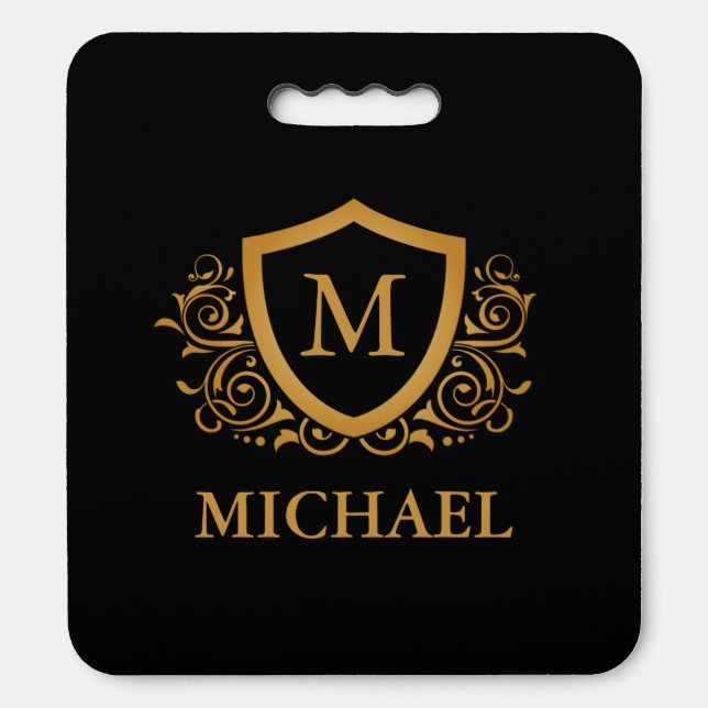 Black and Gold Personalized Stylish Monogram Name Seat Cushion (Front Vertical)