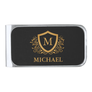 Black and Gold Personalized Stylish Monogram Name Silver Finish Money Clip