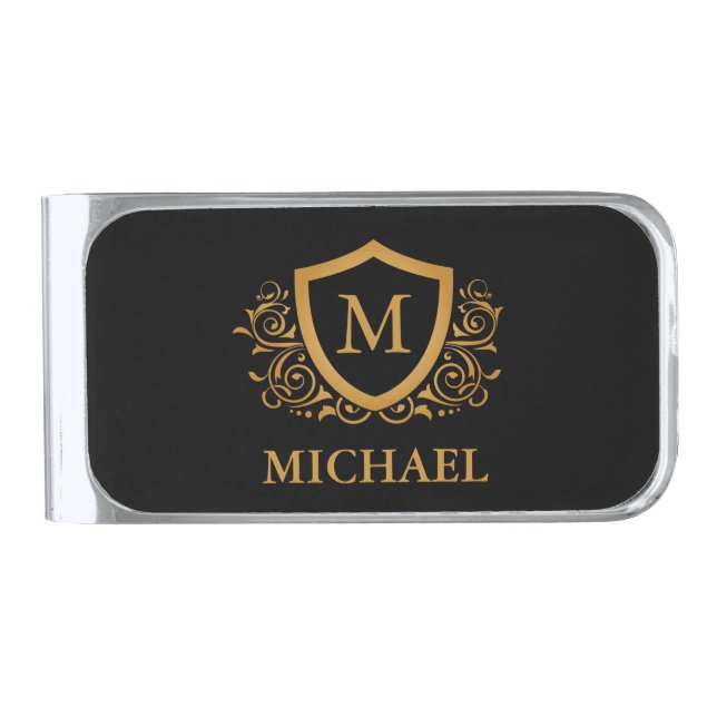 Black and Gold Personalized Stylish Monogram Name Silver Finish Money Clip (Front)