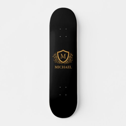 Black and Gold Personalized Stylish Monogram Name Skateboard