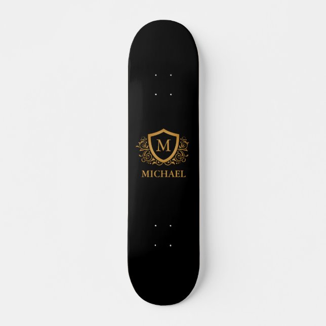 Black and Gold Personalized Stylish Monogram Name Skateboard (Front)