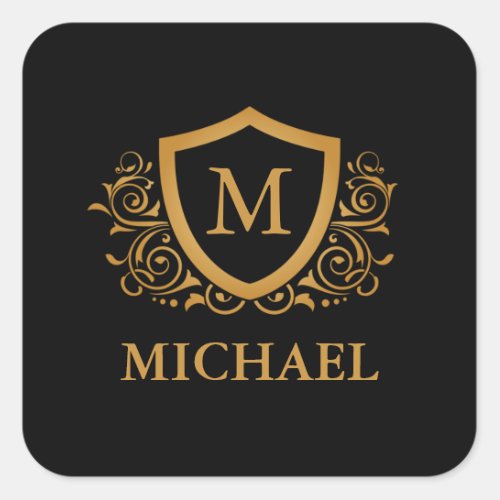 Black and Gold Personalized Stylish Monogram Name Square Sticker