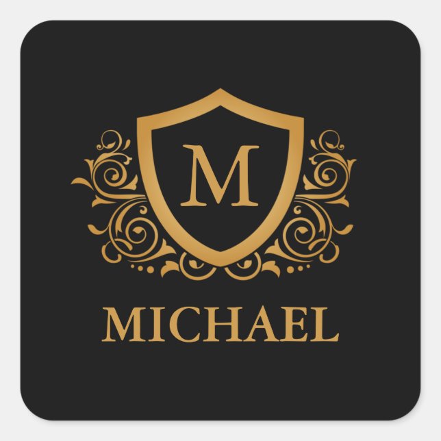 Black and Gold Personalized Stylish Monogram Name Square Sticker (Front)