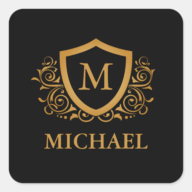 Square Name Monogram Black and Gold Personalized Stylish Monogram Name Square Sticker | Zazzle
