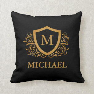 Black and Gold Personalized Stylish Monogram Name Throw Pillow