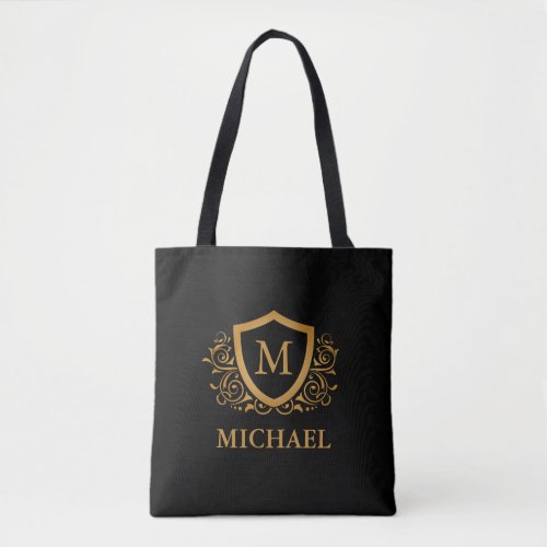 Black and Gold Personalized Stylish Monogram Name Tote Bag