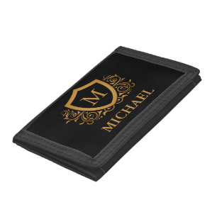 Black and Gold Personalized Stylish Monogram Name Tri-fold Wallet