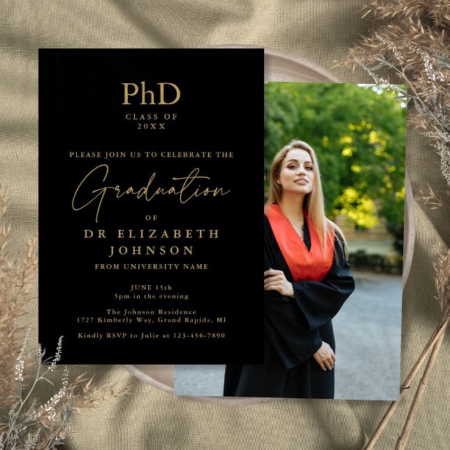 Black And Gold PhD Degree Photo Graduation Party Invitation (Black And Gold PhD Degree Photo Graduation Party Invitation)