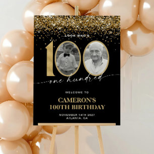 Black and Gold Photo 100th Birthday Welcome Sign
