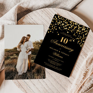 Black And Gold Photo 10th Wedding Anniversary Invitation