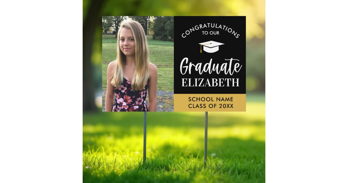Black and Gold Photo 2021 Graduation Lawn Sign | Zazzle