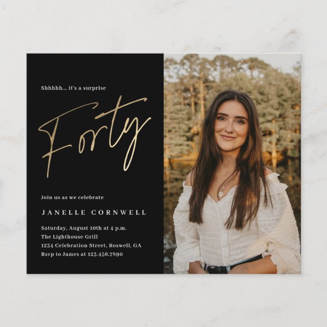 Black and Gold Photo 40th Birthday Invitation (Front)