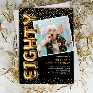 Black and Gold Photo 80th Birthday Invitation
