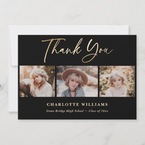 Black and Gold Photo Collage Graduation Thank You Card