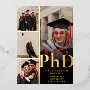 Black And Gold Photo Collage PhD Graduation Party Foil Invitation