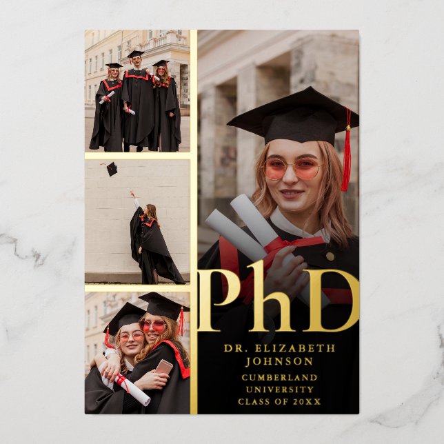 Black And Gold Photo Collage PhD Graduation Party Foil Invitation (Front)