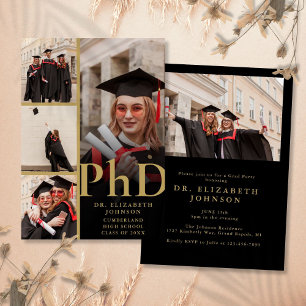 Black And Gold Photo Collage PhD Graduation Party Invitation