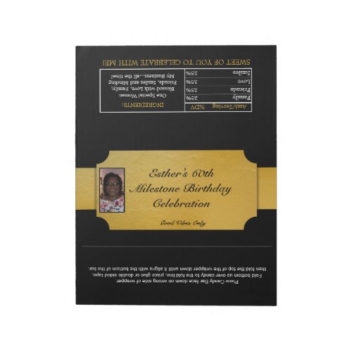 Black and Gold Photo Favor XL Candy Wrappers Notepad