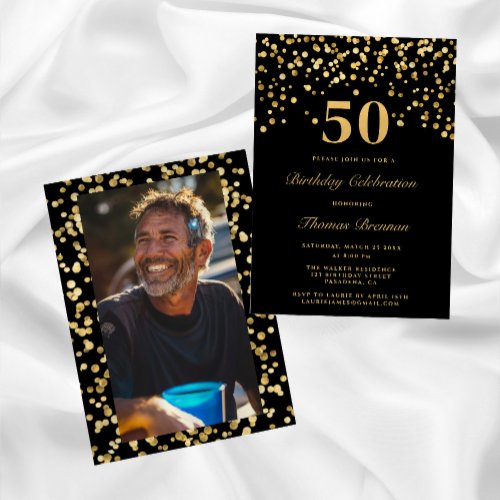Black And Gold Photo Fifty 50th Birthday Party Invitation