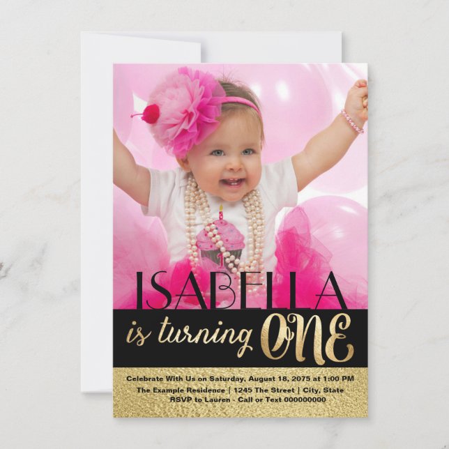 Black and Gold Photo First Birthday Invitation (Front)